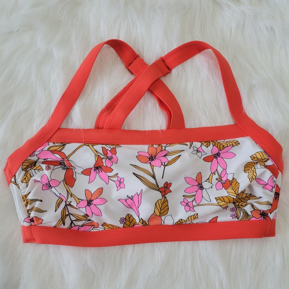 Xhilaration Boho Bikini Top Orange Vintage Flowers Cross Straps D/DD EUC - Picture 11 of 15